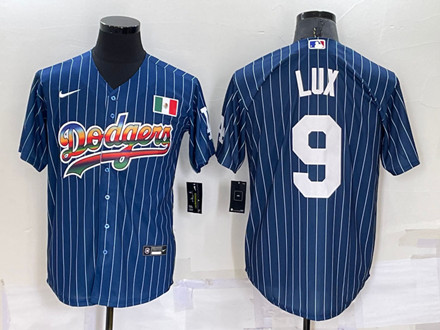 Men's Los Angeles Dodgers #9 Gavin Lux Navy Mexico Rainbow Cool Base Stitched Baseball Jersey